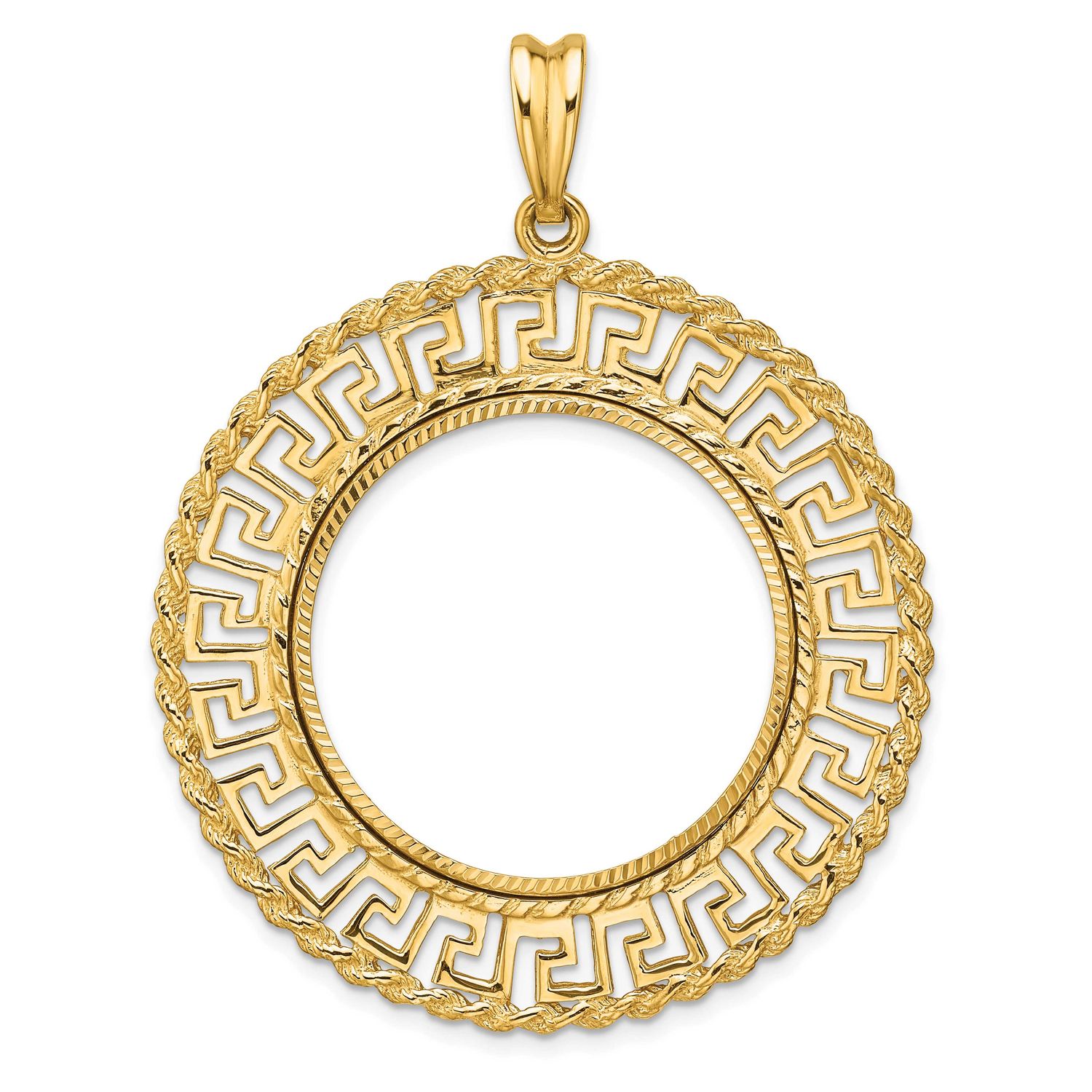 Diamond-Cut Greek Key with Rope Border 27.0mm Prong Coin Bezel Pendant 14k Gold Polished C3013D/27.0