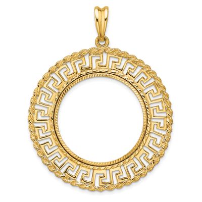 Diamond-Cut Greek Key with Rope Border 27.0mm Prong Coin Bezel Pendant 14k Gold Polished C3013D/27.0