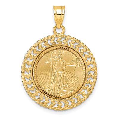 Diamond-Cut Heart &amp; Rope Prong Mounted 1/10Oz American Eagle Coin Bezel Pendant 14k Gold C8189/16.5C