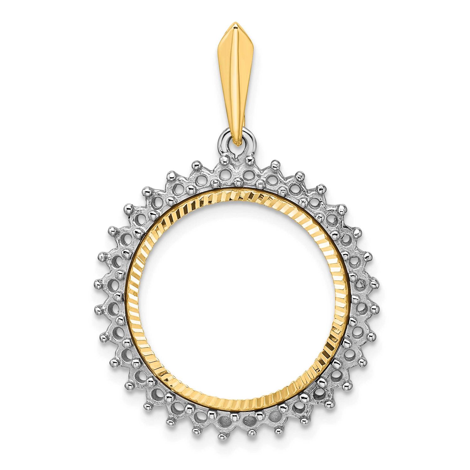 Diamond-Cut Diamond Circle 18.0mm Prong Coin Bezel Pendant Mounting 14k Two-tone Gold Polished CS39…