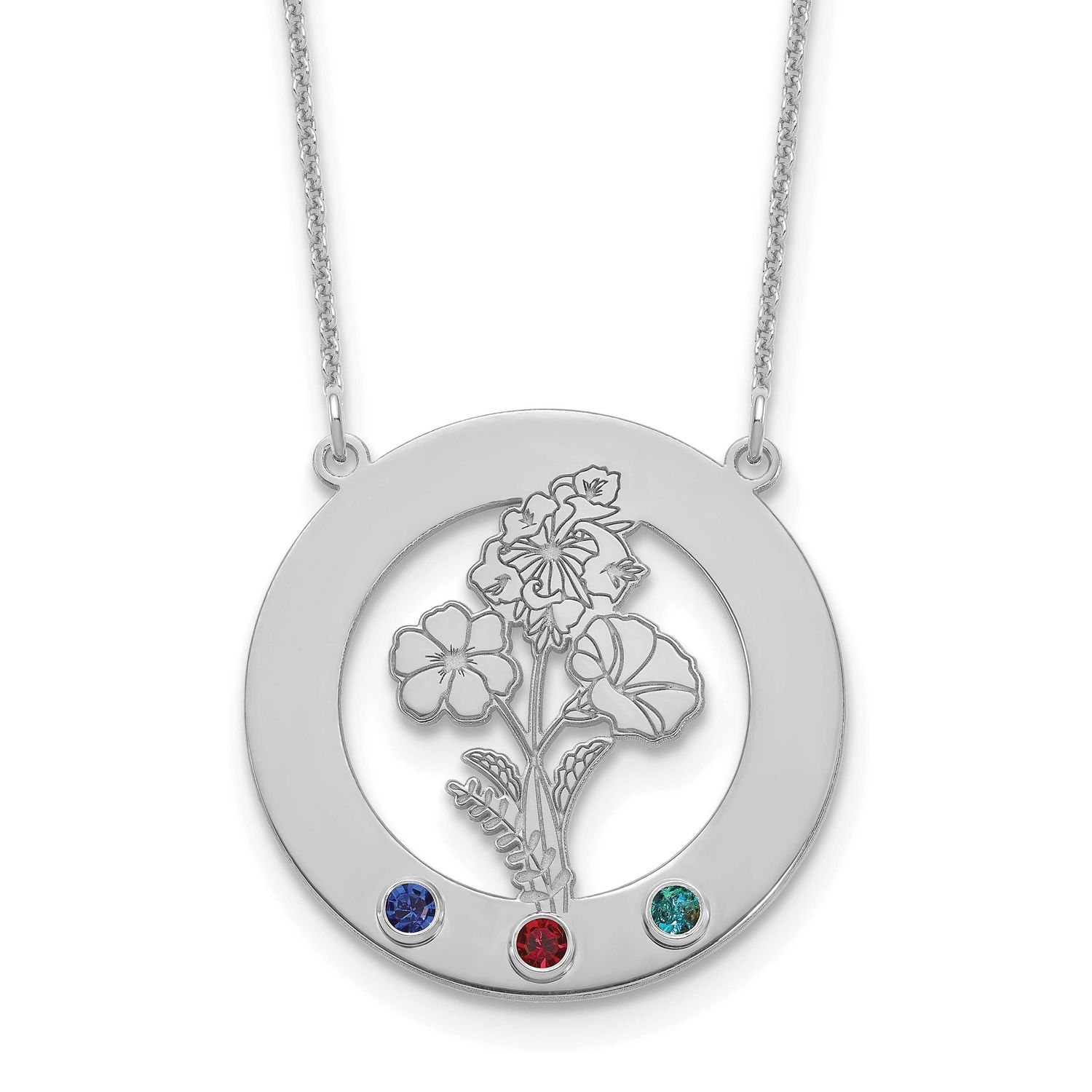 Circle with 3 Birth Flower and Birthstone Necklace 10k White Gold 10XNA1487/3W