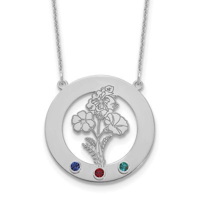 Circle with 3 Birth Flower and Birthstone Necklace 10k White Gold 10XNA1487/3W