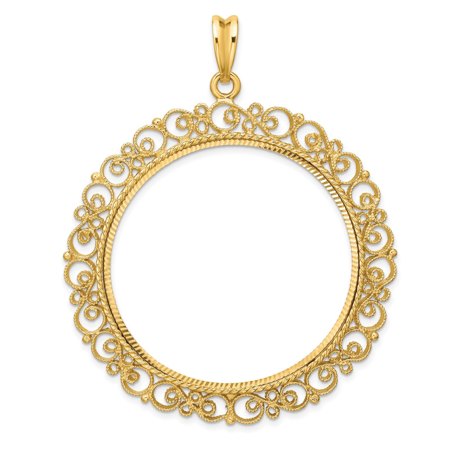 Textured and Diamond-Cut Victorian 39.5mm Prong Coin Bezel Pendant 14k Gold Polished C2819D/39.5