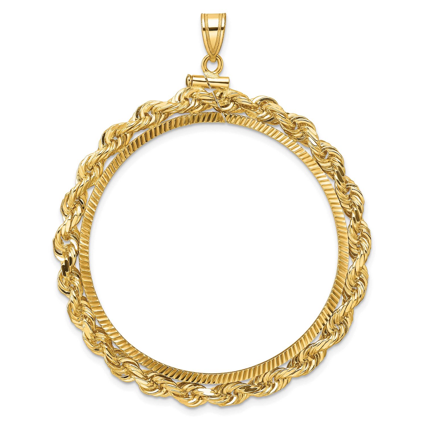 Rope and Diamond-Cut 39.5mm x 1.1mm Screw Top Coin Bezel Pendant 14k Gold Polished C3275D/39.5