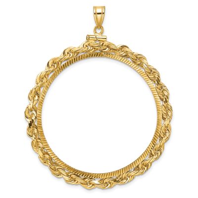 Rope and Diamond-Cut 39.5mm x 1.1mm Screw Top Coin Bezel Pendant 14k Gold Polished C3275D/39.5