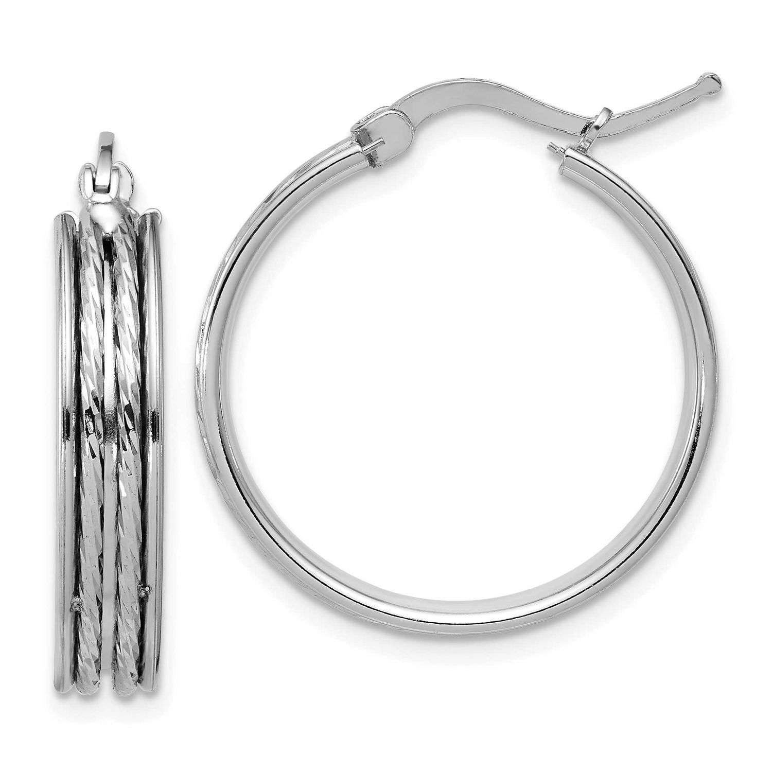 Polished and Diamond-Cut 25x5mm Round Hoop Earrings Sterling Silver Rhodium-plated QLE1590