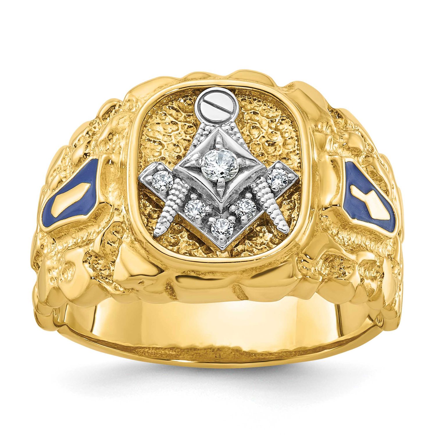 Ibgoodman Men&#39;s Polished and Nugget Textured Diamond Blue Lodge Master Masonic Ring 10K Two-tone Go…