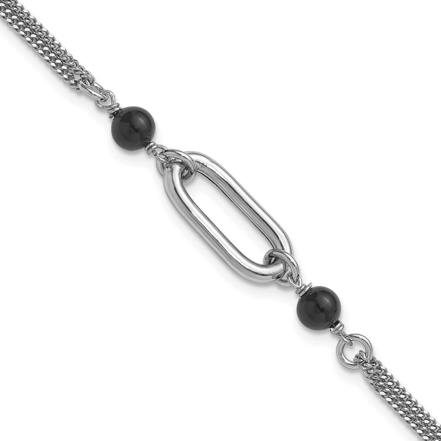 Black Glass Pearl 2-Strand Link with 1 Inch Extender Bracelet Sterling Silver Rhodium-plated QLF147…