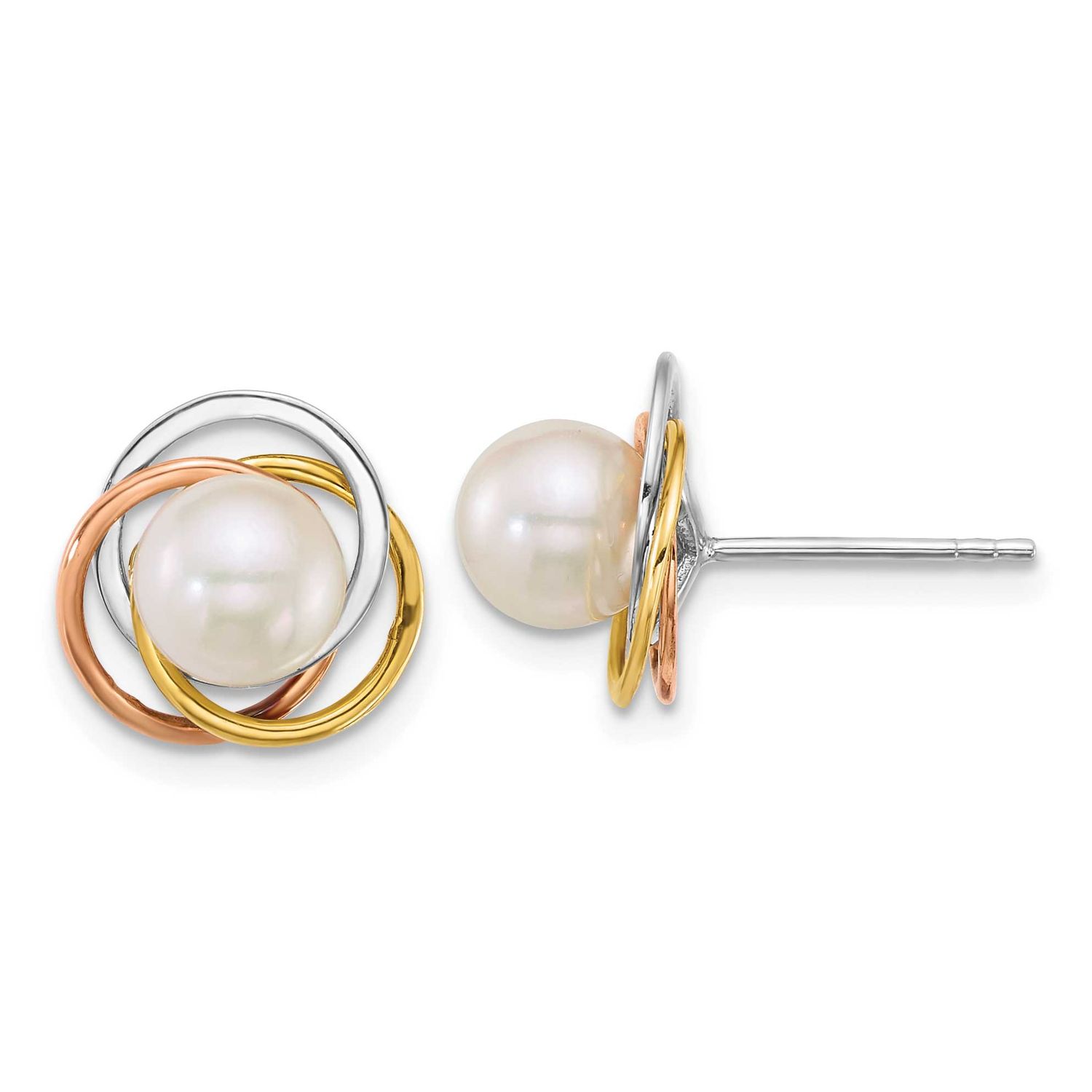 Tri-Color Gold 6-7mm White Round South Sea Saltwater Cultured Pearl Post Earrings 14k Gold XF866E