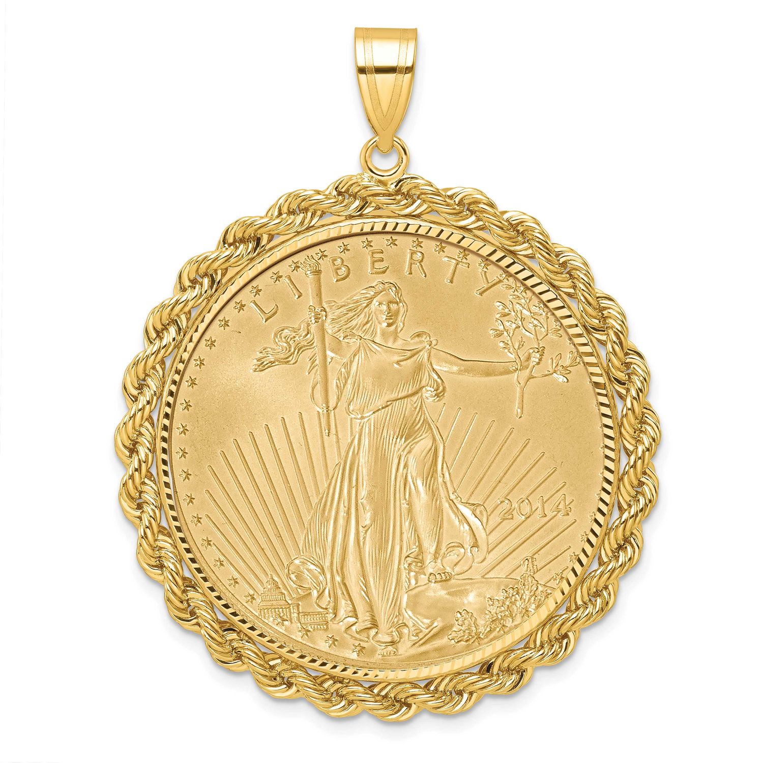 Diamond-Cut Rope Prong Mounted 1Oz American Eagle Coin Bezel Pendant 14k Gold C8178/32.7C