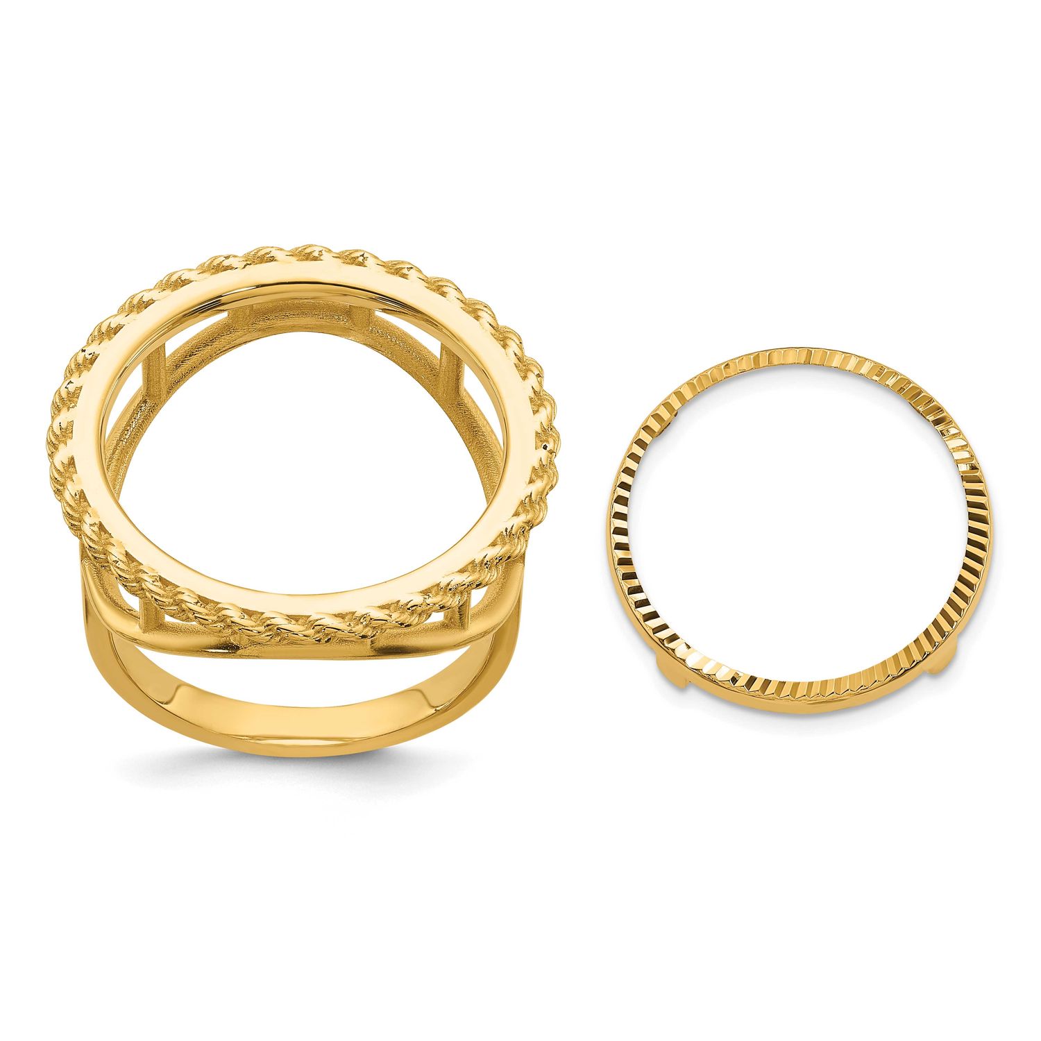 Ladies Polished Textured and Diamond-Cut with Rope Edge 16.5mm Coin Bezel Ring 10k Gold 10CR14D/10AE