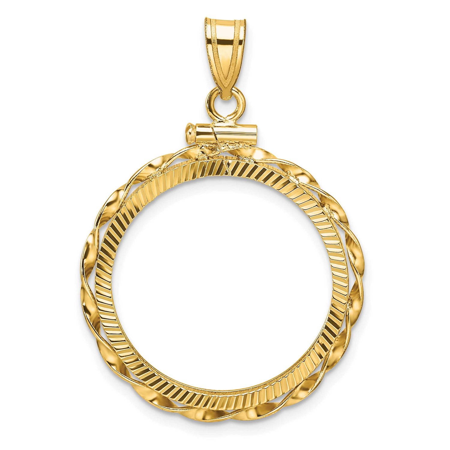 Hand Twisted Ribbon and Diamond-Cut 22.0mm x 1.9mm Screw Top Coin Bezel Pendant 14k Gold Polished C…