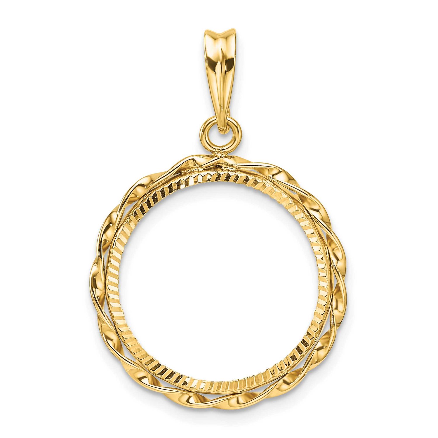 Hand Twisted Ribbon and Diamond-Cut 18.0mm Prong Coin Bezel Pendant 14k Gold Polished C3996D/18.0