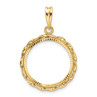 Hand Twisted Ribbon and Diamond-Cut 18.0mm Prong Coin Bezel Pendant 14k Gold Polished C3996D/18.0