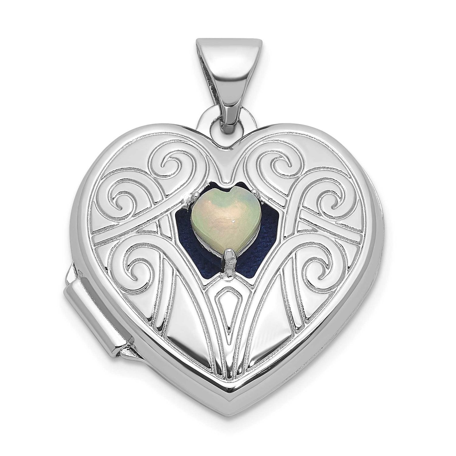 Opal October Birthstone 18mm Heart Locket Sterling Silver Rhodium-plated QLS1200/OCT
