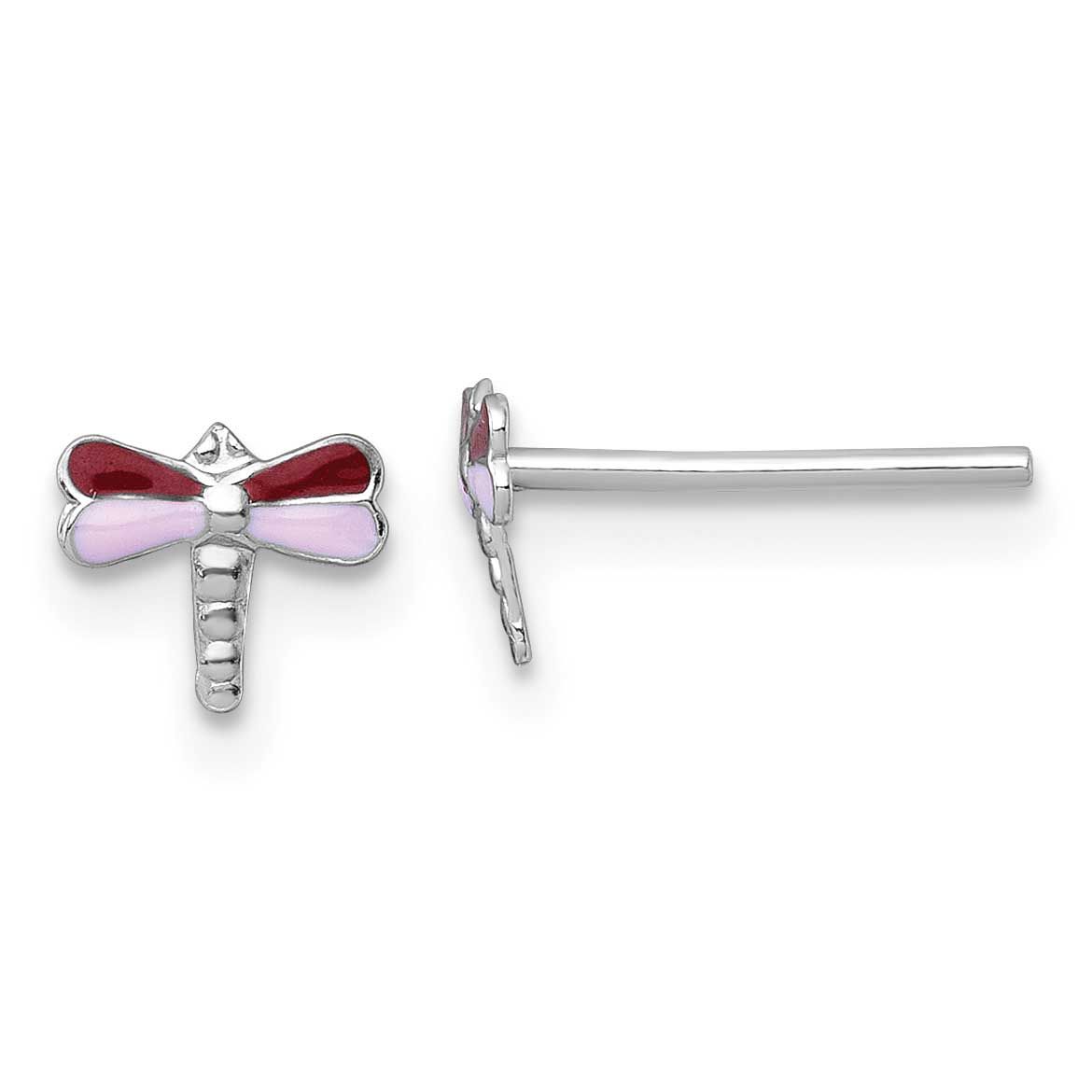 Madi K Enamel Red and Pink Dragonfly Children&#39;s Post Earrings Sterling Silver Rhodium-plated QE18310