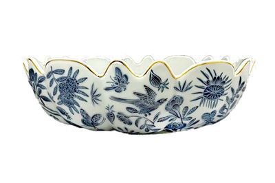 Mottahedeh Sacred Bird &amp; Butterfly Blue Scalloped Bowl HC713