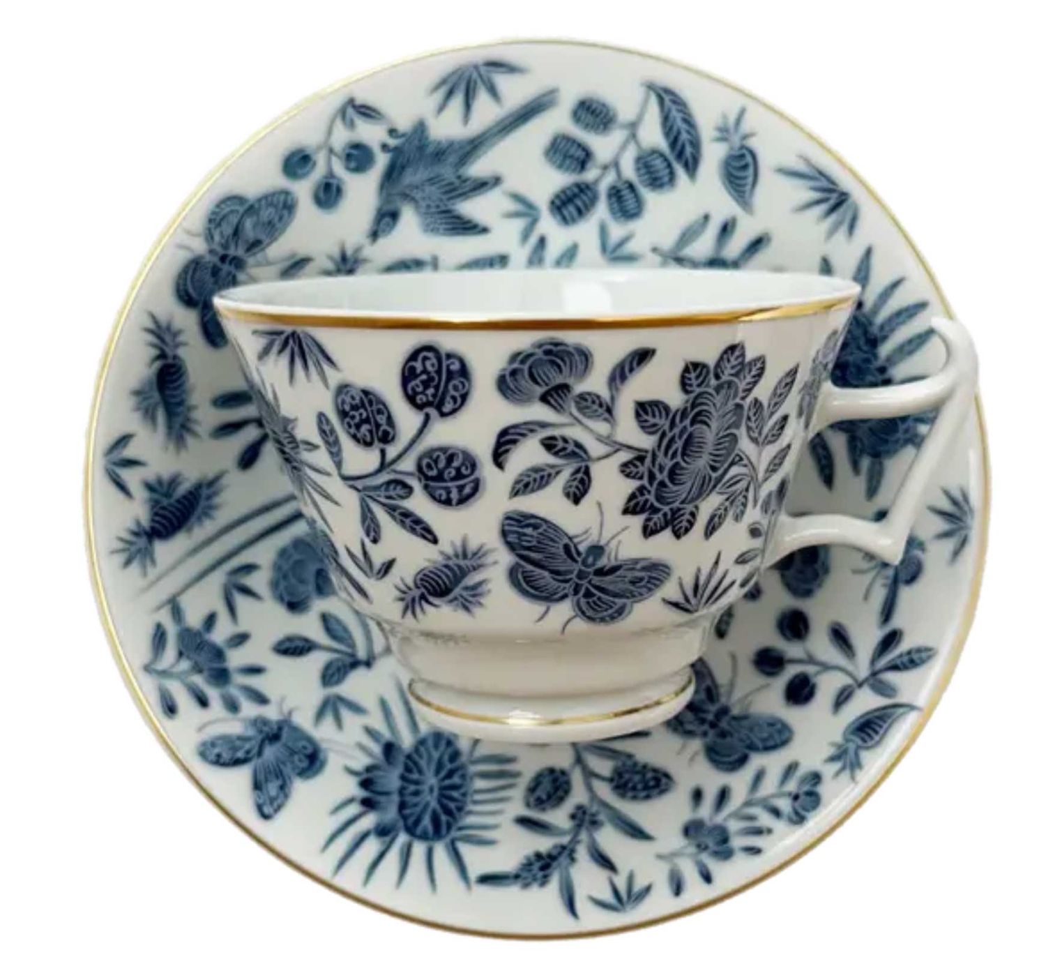 Mottahedeh Sacred Bird &amp; Butterfly Blue Tea Cup &amp; Saucer HC704