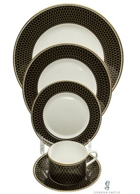 Halcyon Days Gordon Castle Antler Trellis Black 5 Piece Place Setting BCGAT025PG, MPN: BCGAT025PG,