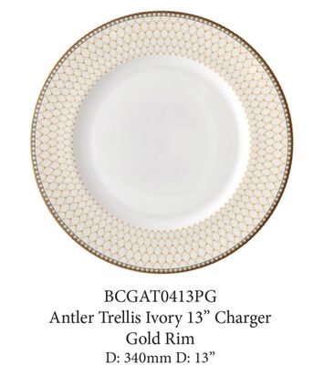Halcyon Days Gordon Castle Antler Trellis Ivory Gold 13 Inch Charger Plate BCGAT0413PG, MPN: BCGAT0…
