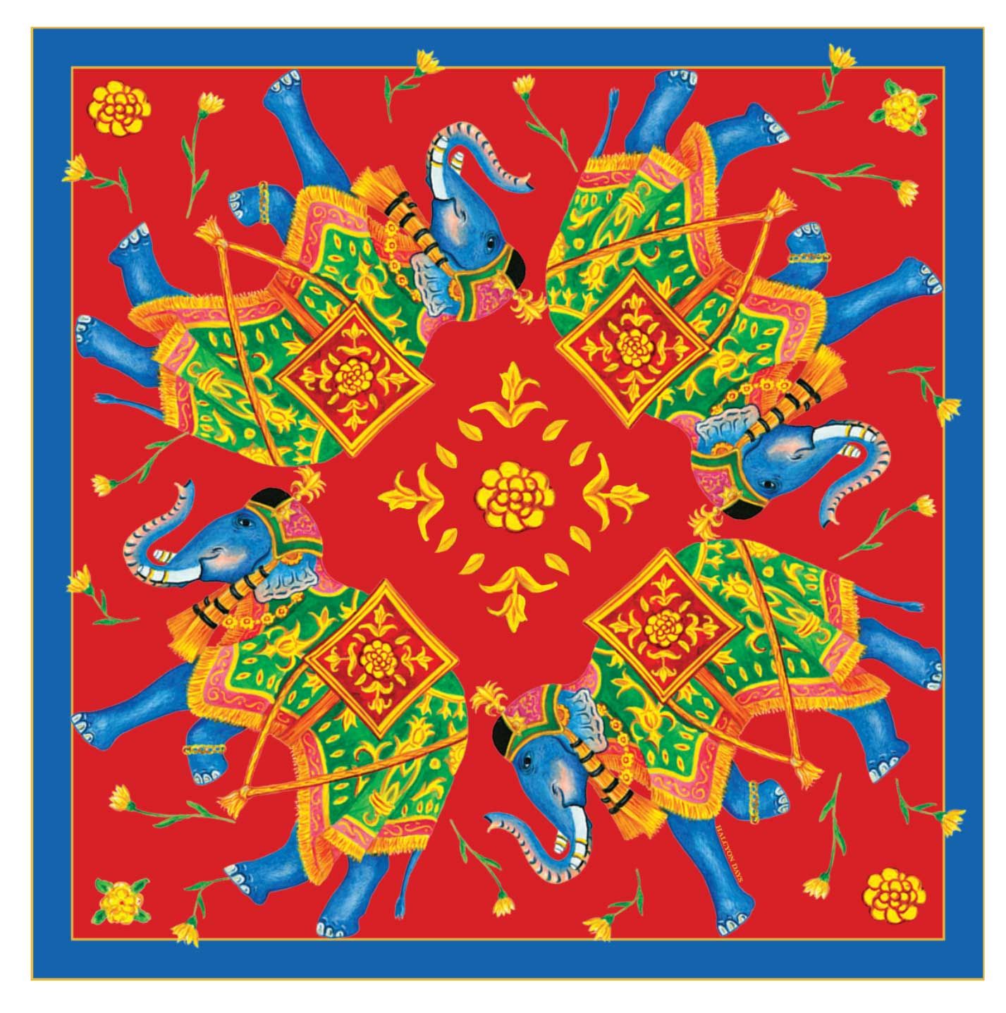 Halcyon Days Ceremonial Indian Elephant Red Navy 45 x 45cm 100% Silk Mini Scarf SACIE11SS45, 505632…