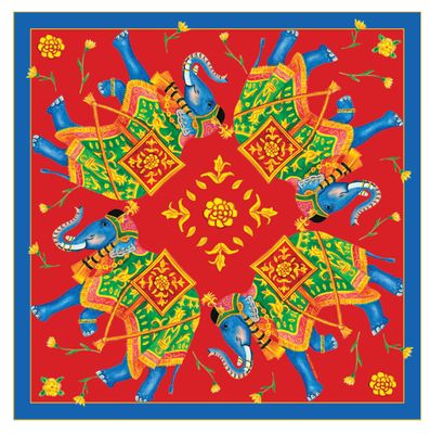 Halcyon Days Ceremonial Indian Elephant Red Navy 45 x 45cm 100% Silk Mini Scarf SACIE11SS45, 505632…
