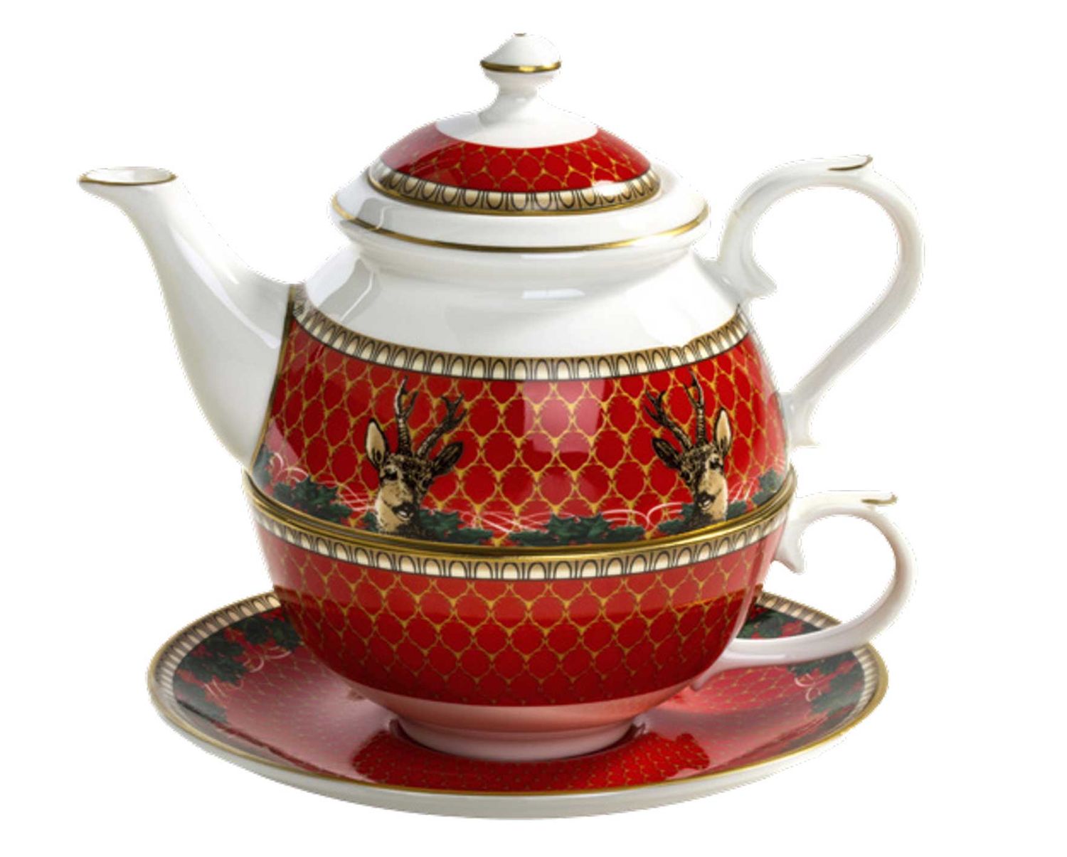 Halcyon Days Antler Trellis &amp; Stag Red Gold Tea for One BCGAS06TOG, 5055273100334