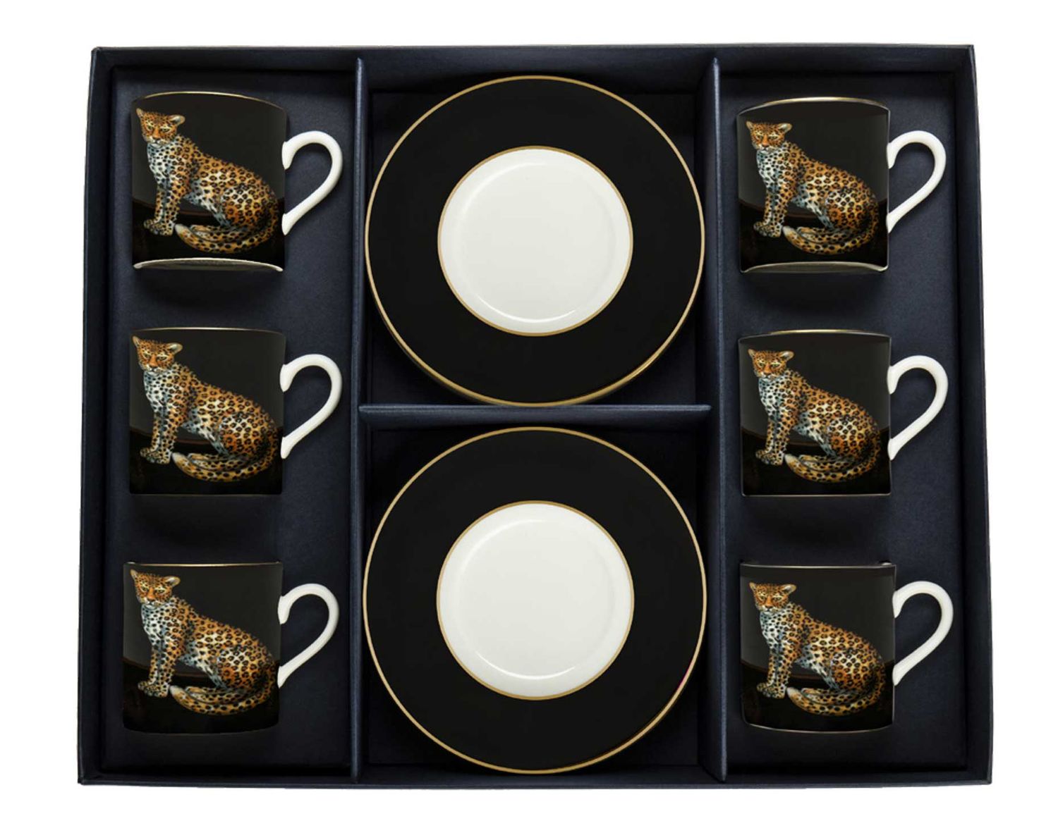 Halcyon Days Twin Leopards Black Coffee Cup &amp; Saucer Set of 6 BCMWL02C6G, 5060171101154