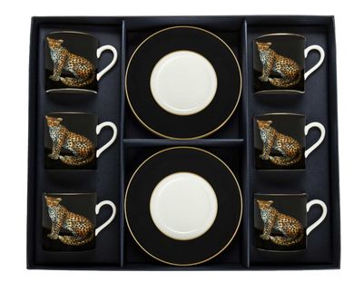 Halcyon Days Twin Leopards Black Coffee Cup &amp; Saucer Set of 6 BCMWL02C6G, 5060171101154