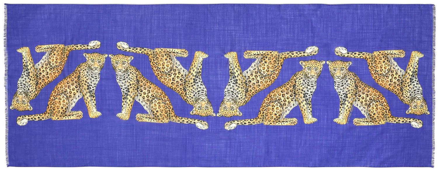 Halcyon Days Twin Leopards Cobalt 170cm x 65cm Wool Silk Long Scarf SAMWL18WS65, 5056327809593