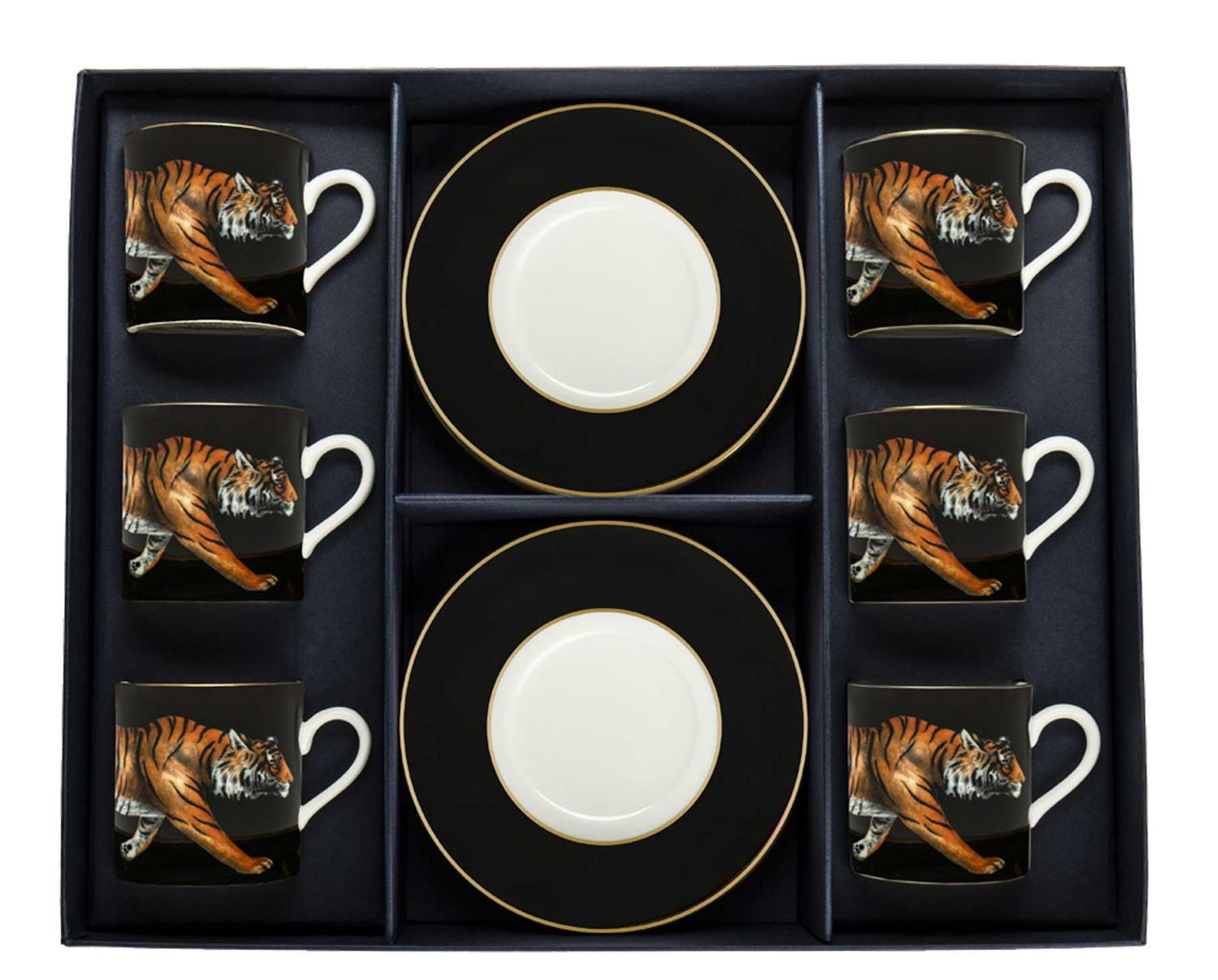 Halcyon Days Tiger Black Coffee Cup &amp; Saucer Set of 6 BCMWT02C6G, 5060171101161