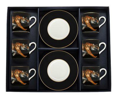 Halcyon Days Tiger Black Coffee Cup &amp; Saucer Set of 6 BCMWT02C6G, 5060171101161