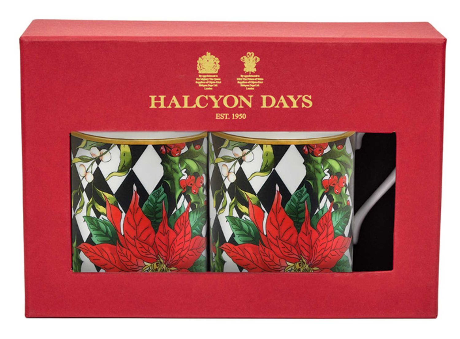 Halcyon Days Parterre Black with Poinsettia Mug Set of 2 BCPBW01MSG, 5056327802013