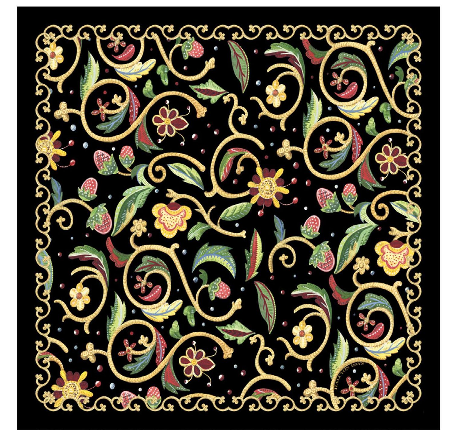 Halcyon Days Jacobean Floral Black 45 x 45cm 100% Silk Mini Scarf SAJBF02SS45, 5055273107289