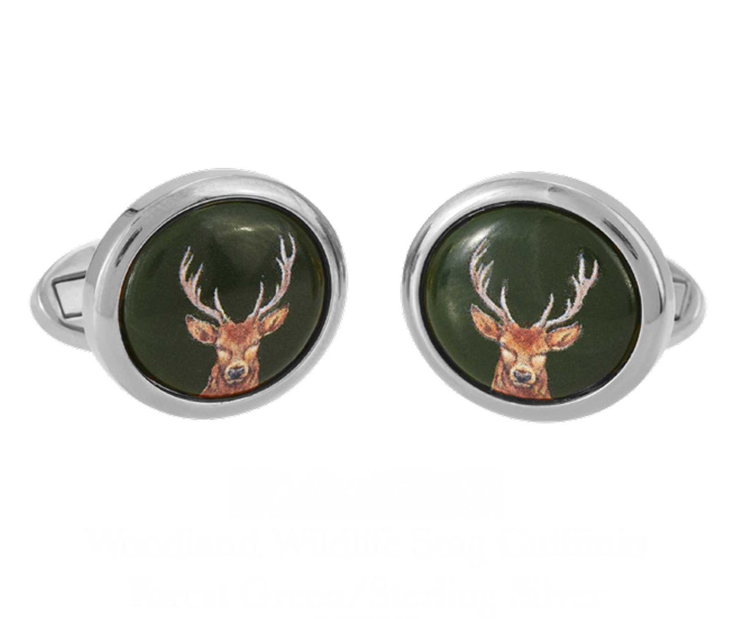 Halcyon Days Woodland Wildlife Stag Cufflinks Forest Green Sterling Silver CLWST09RDS, 5055273107319