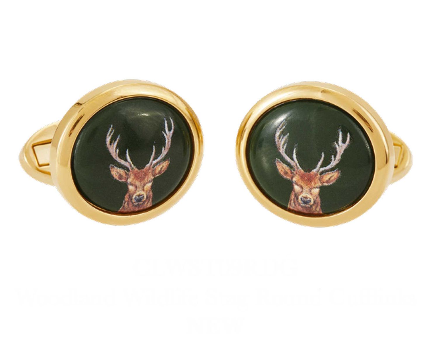 Halcyon Days Woodland Wildlife Stag Round Cufflinks Green Gold CLWST09RDG, 5056327818519
