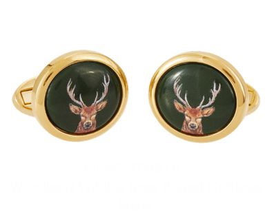 Halcyon Days Woodland Wildlife Stag Round Cufflinks Green Gold CLWST09RDG, 5056327818519