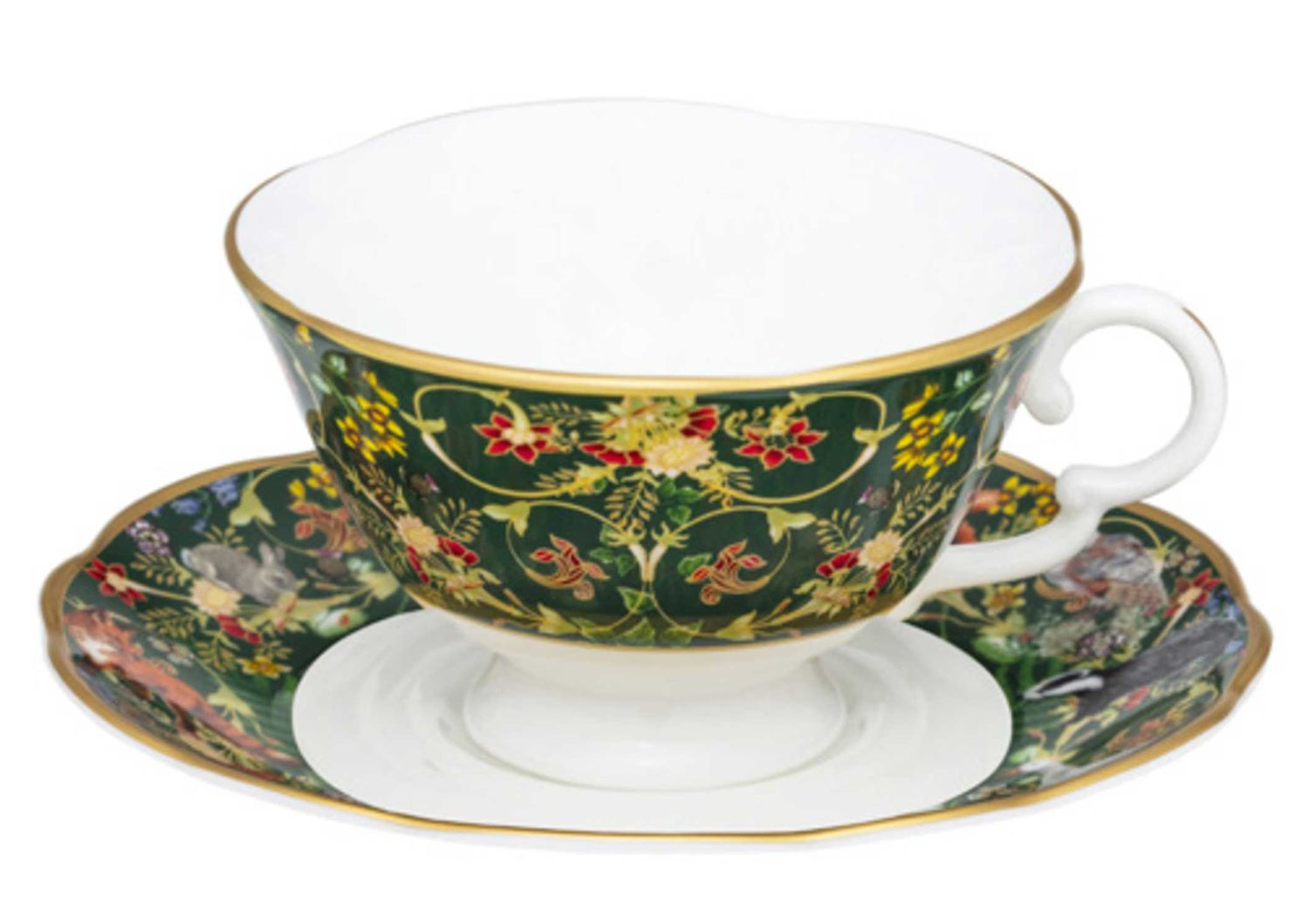 Halcyon Days Woodland Wildlife Gold Fluted Teacup and Saucer BCWWA09ATSG, 5056327817826