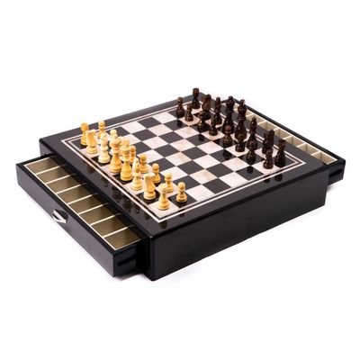 Carbon Fiber &amp; Mother of Pearl Design Chess Set with Accessory Drawers GM13393, MPN: GM13393, 79714…