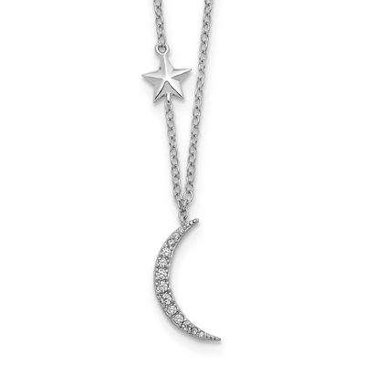 Rh-Plated CZ Stars Moon 2 Inch Extender Necklace Sterling Silver QG5679-16, MPN: QG5679-16, 1911019…