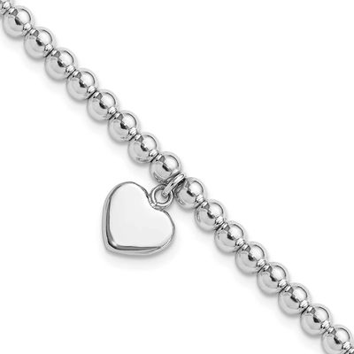 4mm Beaded Dangle Heart 7.5 Inch Bracelet Sterling Silver Rhodium-Plated QG6360-7.5, MPN: QG6360-7.…