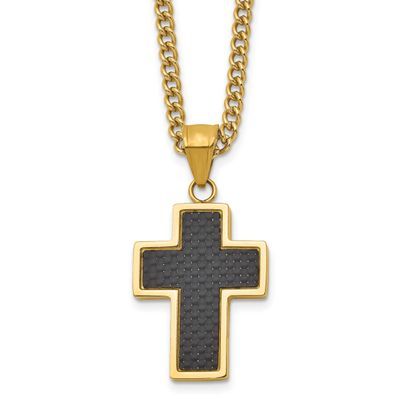 Yellow Ip with Carbon Fiber Inlay Cross 24 Inch Necklace Stainless Steel Polished SRN2807-24 by Chi…