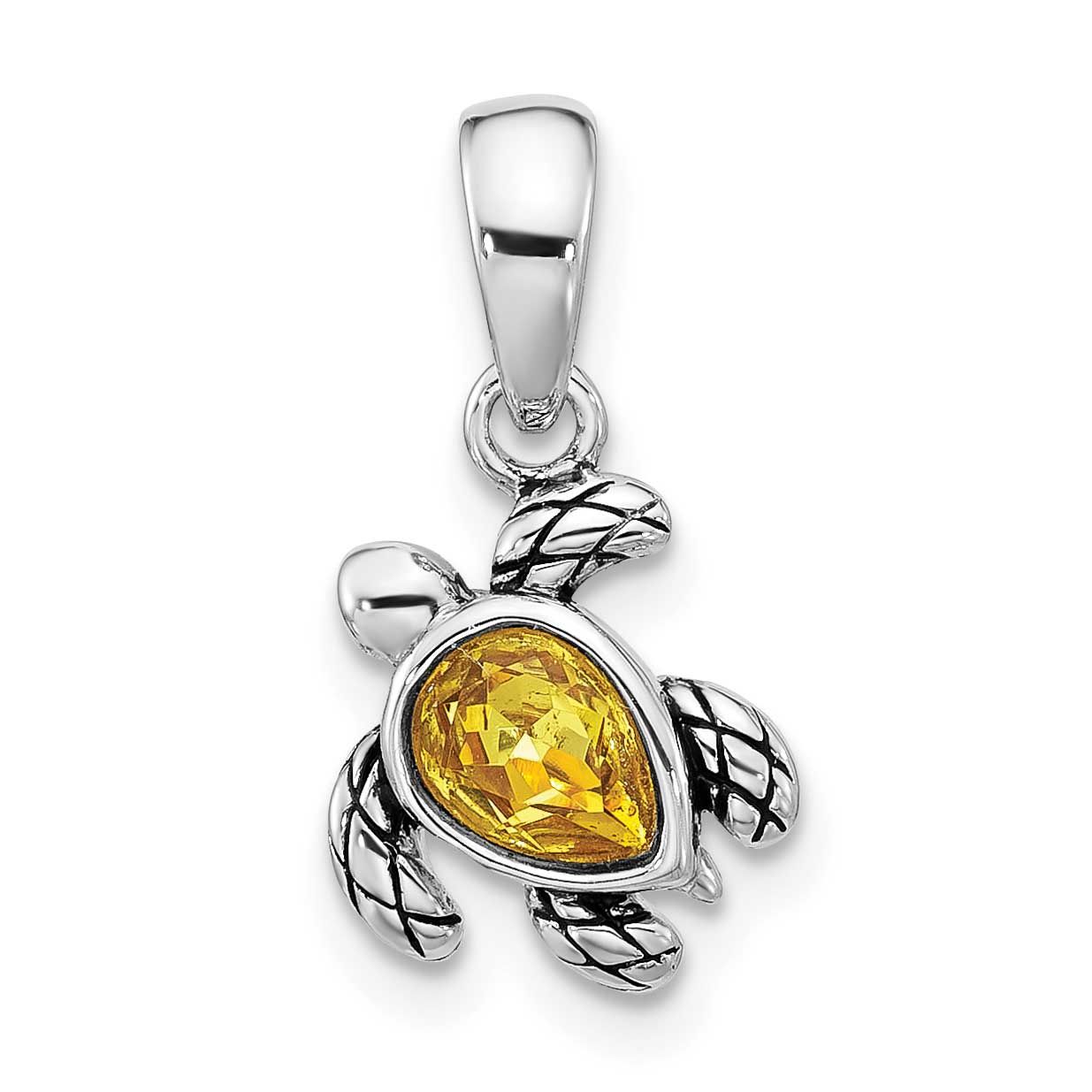 Polished and Antiqued Crystal November Birthstone Turtle Pendant Sterling Silver Rhodium-plated, QP
