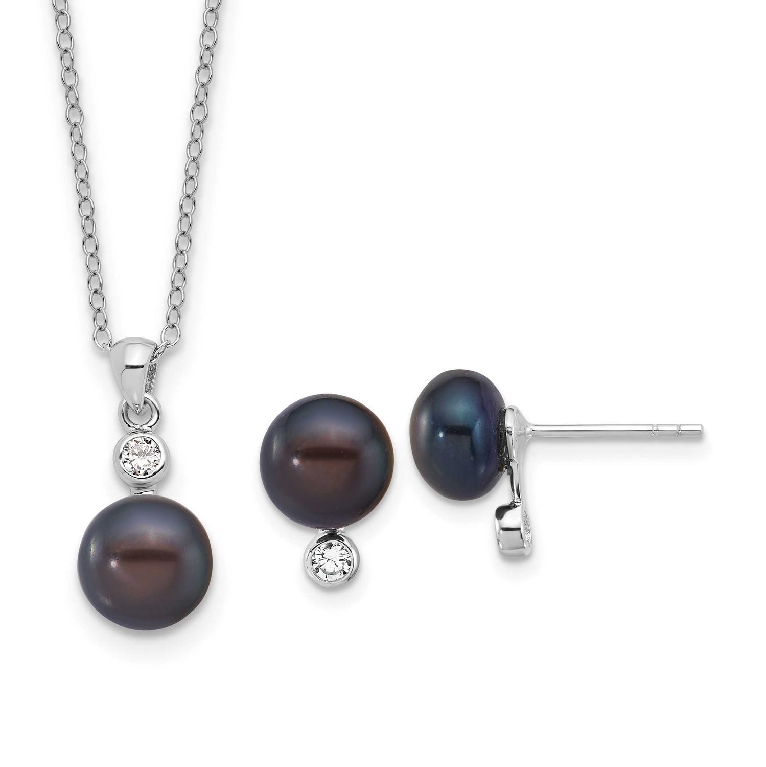 8-9mm Black Button Freshwater Cultured Pearl and CZ 17 inch Necklace and Post Earrings Set Sterling