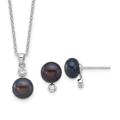 8-9mm Black Button Freshwater Cultured Pearl and CZ 17 inch Necklace and Post Earrings Set Sterling