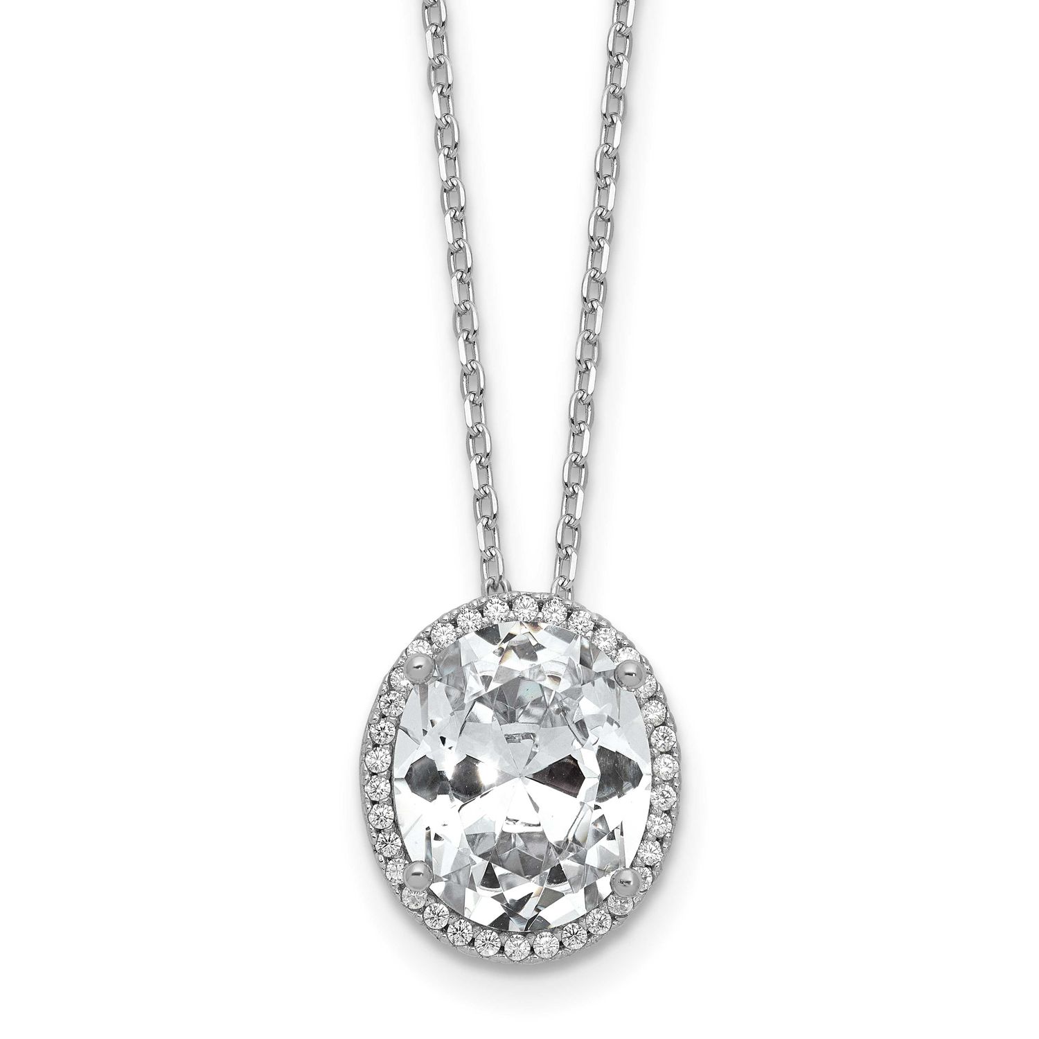 Cheryl M Polished Fancy Oval CZ Halo with 2 Inch Extension Necklace Sterling Silver Rhodium-plated,