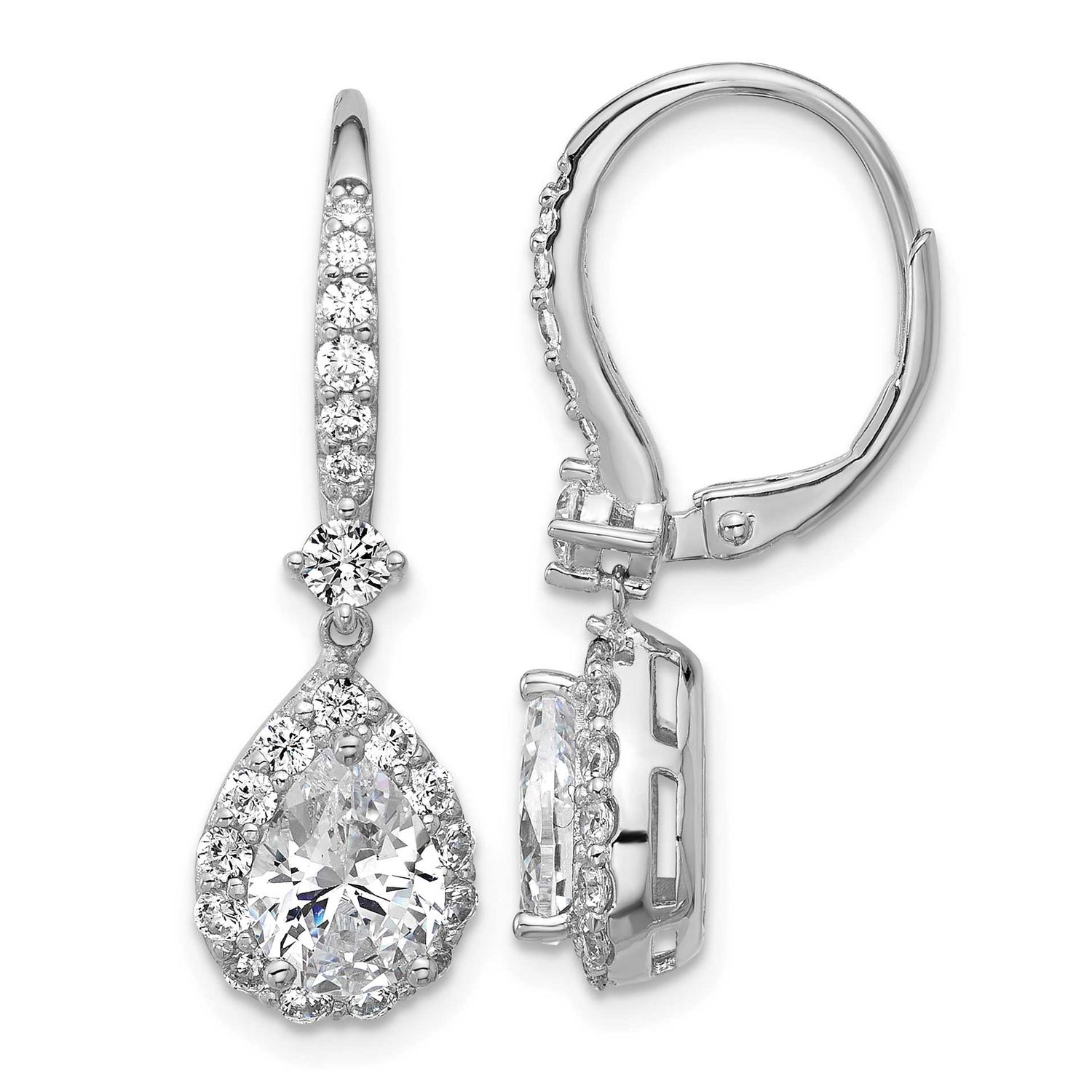 Cheryl M Polished Pear CZ Halo Leverback Dangle Earrings Sterling Silver Rhodium-plated, QCM1704, 1
