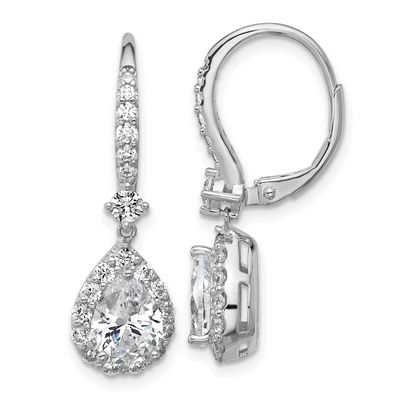 Cheryl M Polished Pear CZ Halo Leverback Dangle Earrings Sterling Silver Rhodium-plated, QCM1704, 1
