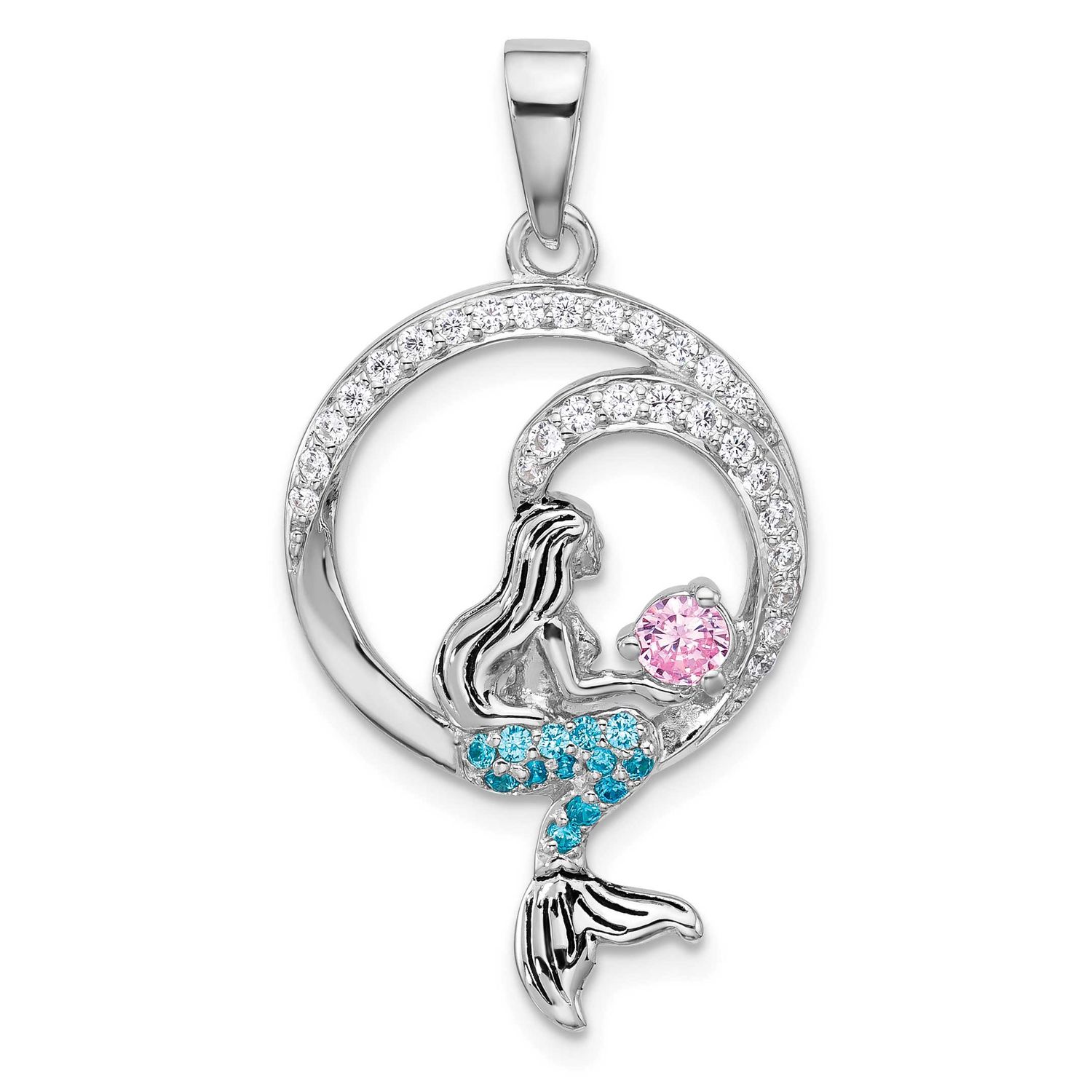 Polished and Antiqued White Pink and Blue CZ Round Mermaid Pendant Sterling Silver Rhodium-plated,