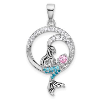 Polished and Antiqued White Pink and Blue CZ Round Mermaid Pendant Sterling Silver Rhodium-plated,